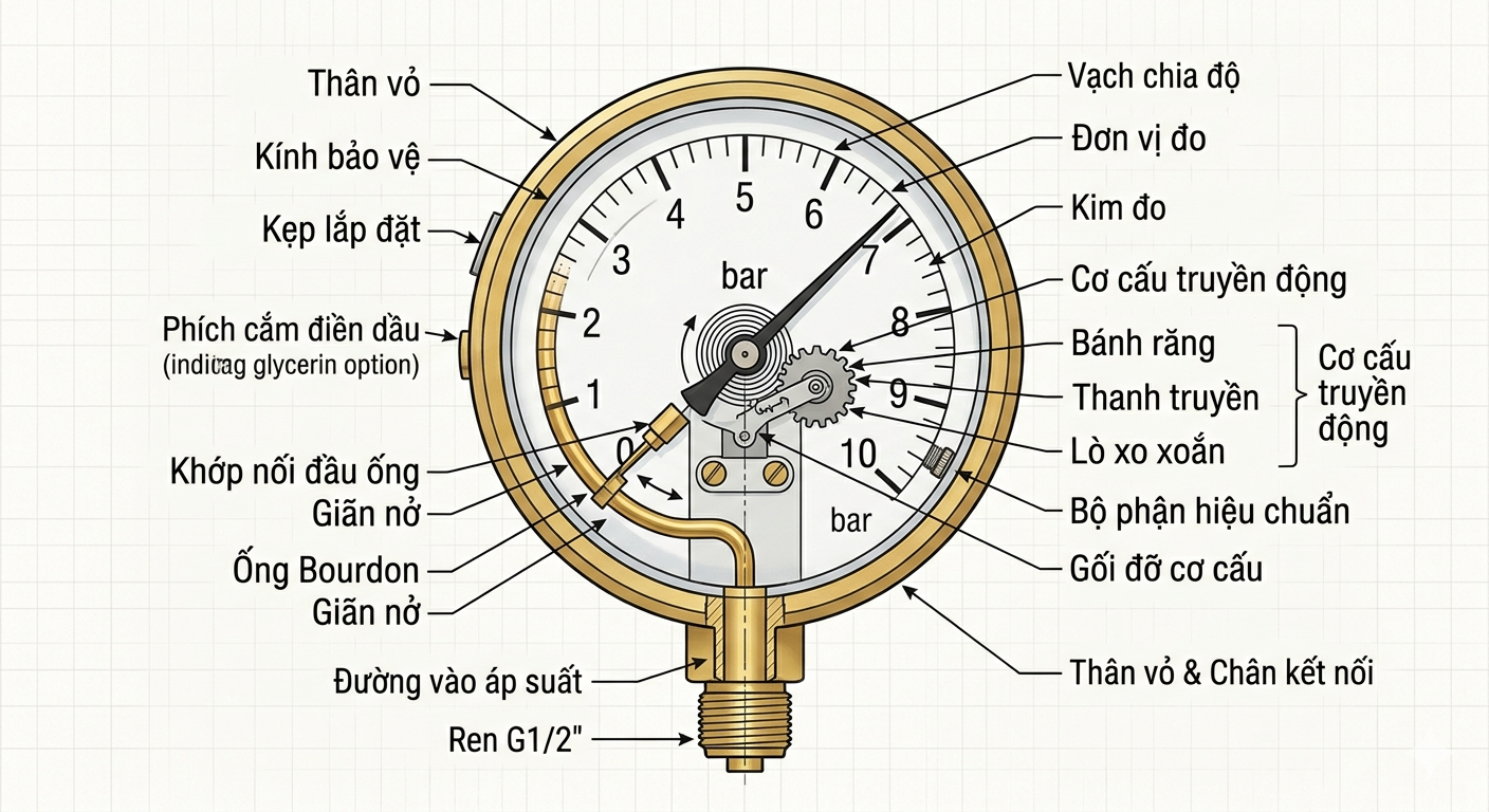 Cấu tạo của đồng hồ đo áp suất 
